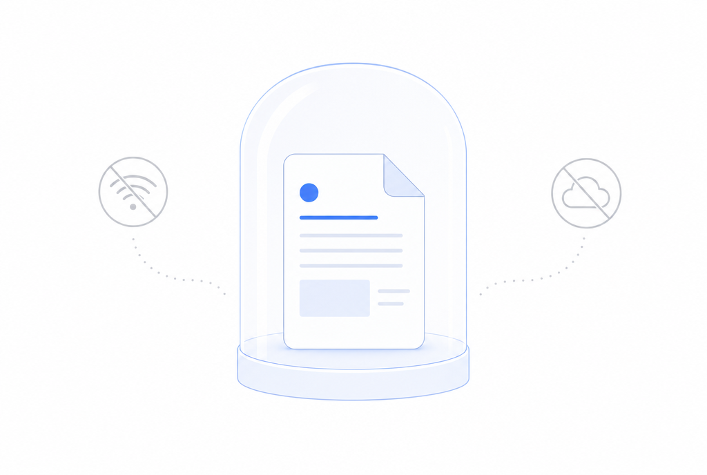 Illustration: a document sealed inside a glass dome, with wifi and cloud crossed out