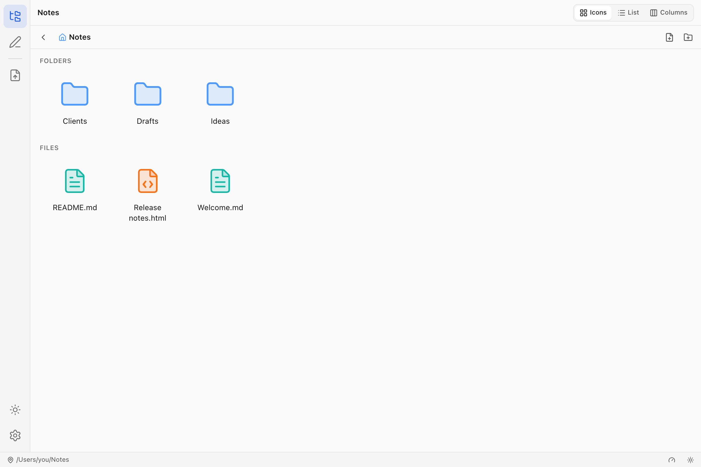 Velq's icon grid view showing folders and files with colorful type icons