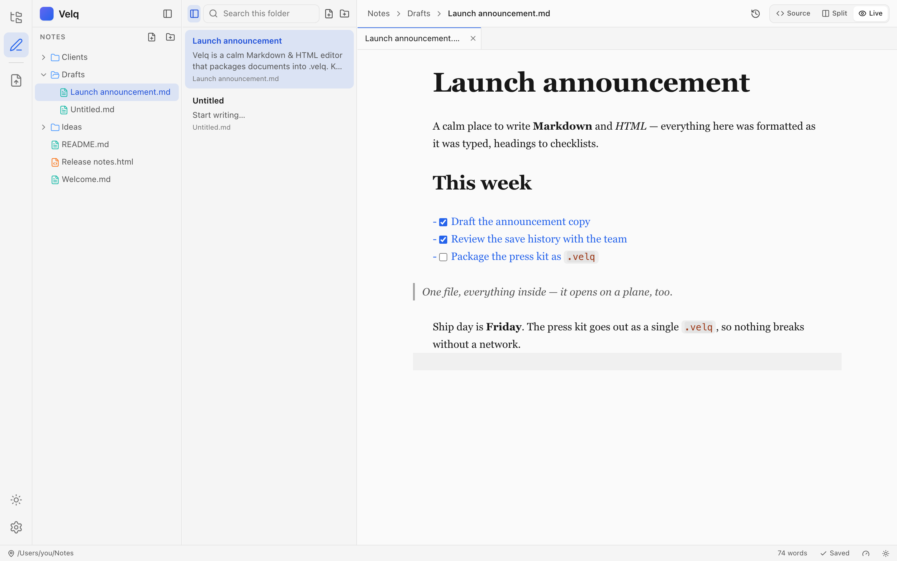 The Velq window: folder tree, document list, and a live-formatted Markdown document