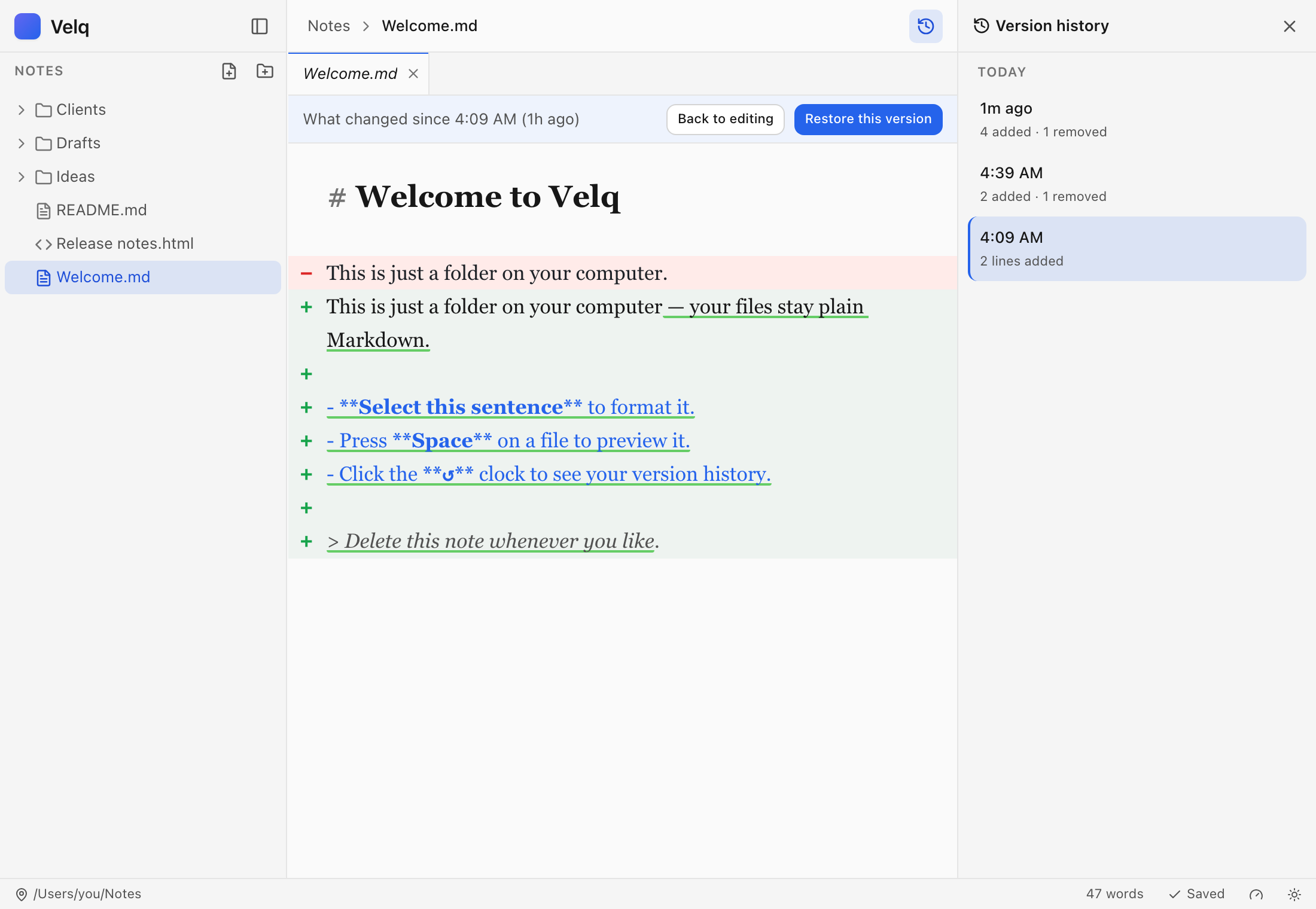 Velq's version history panel and a word-level diff of a Markdown document