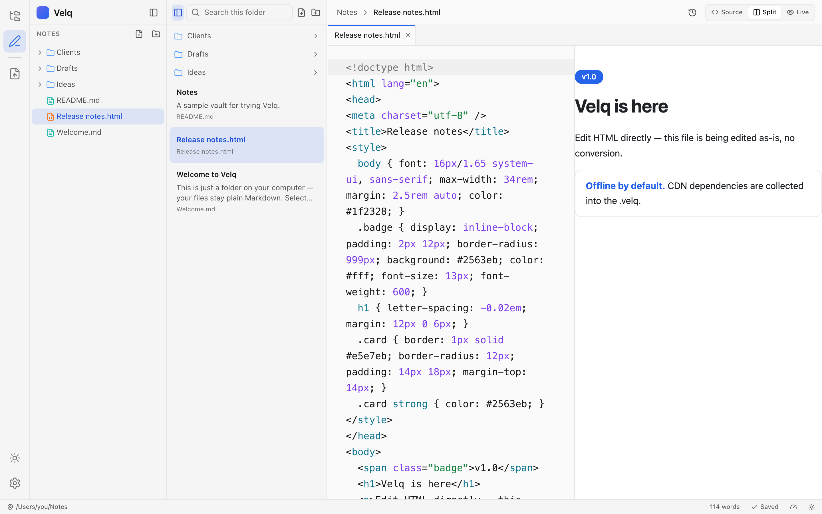 Velq editing an HTML file: highlighted source beside the live-rendered page