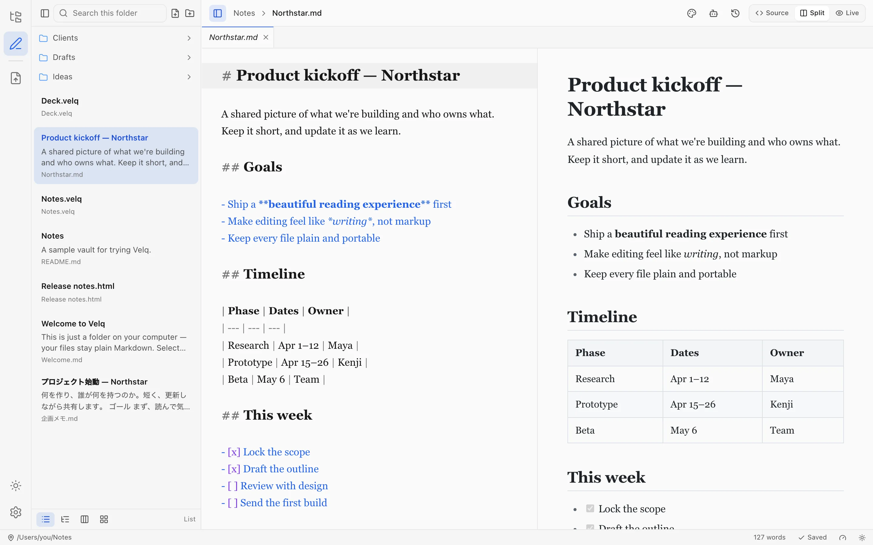 Velq editing Markdown: source on the left, a rendered page with headings and a table on the right