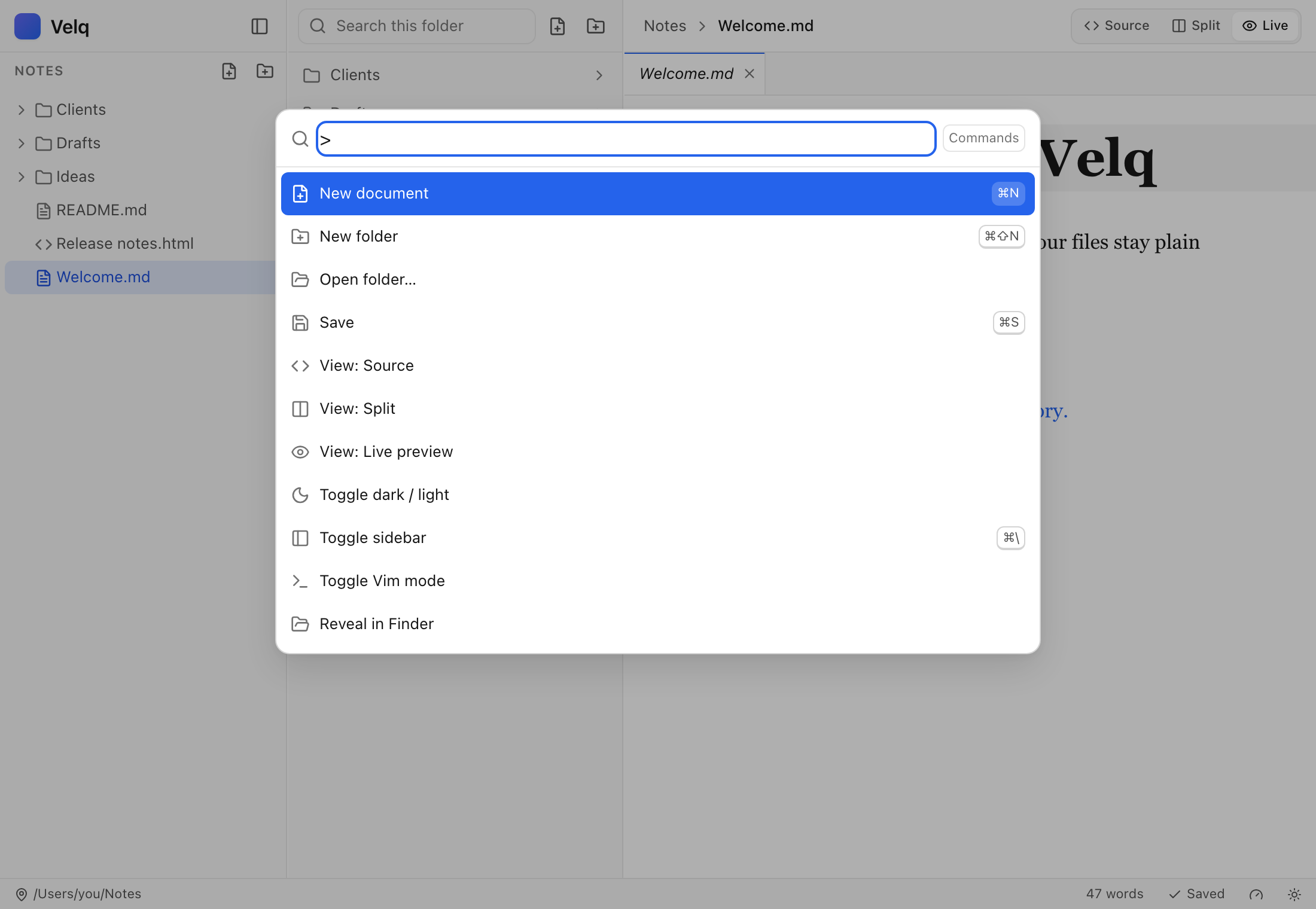 Velq's command palette listing commands with keyboard shortcuts
